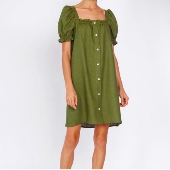 Sleeper | Brigitte 100% Linen Mini Dress Puff Sleeves Button Down Olive Green S - Picture 1 of 9